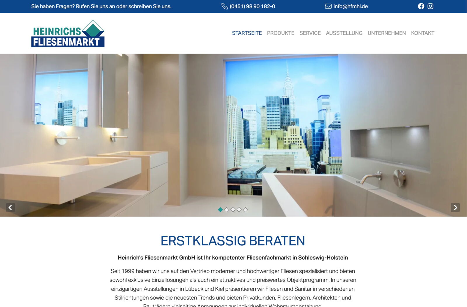 Screenshot der Website von Heinrich's Fliesenmarkt GmbH, Lübeck